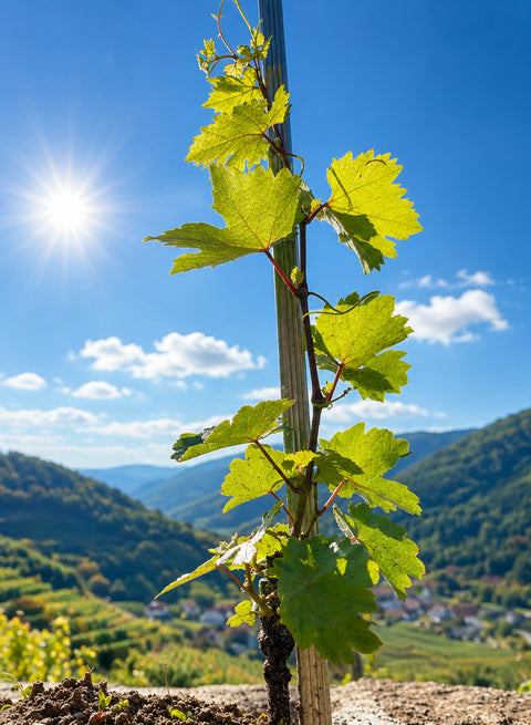 Junger Rebstock mit frischen Blättern vor den Hügeln der Wachau