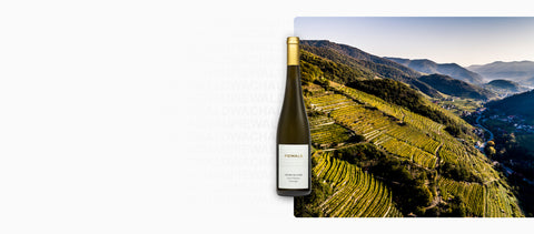 Weinflasche vom Weingut Piewald vor den Weinterrassen der Wachau